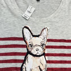 The Limited Small Medium Gray Brown Frenchie Puppy Red 3/4 Sleeve Top Christmas