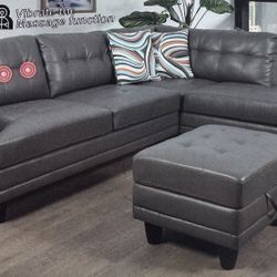 Gray Leather Sectional Couch With Massage Feature And Charging Ports 