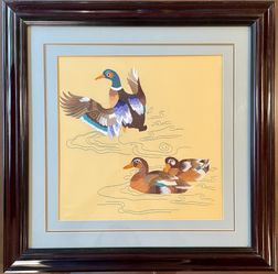Vintage Framed Duck Crewel Embroidery Wall Decor 21” X 21”