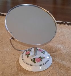 Vintage 1970s Porcelain "Moss Rose" Vanity Mirror - Heavy Duty Double-Sided (7.5")