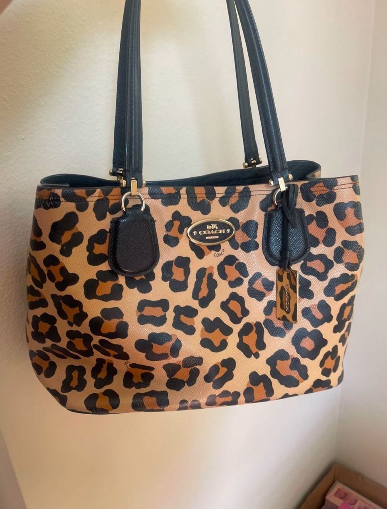 Coach Medium Leopard Tote With Gold Tag