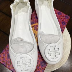 NEW Tory Burch Minnie Travel Ballet Flats White Leather Tonal Logo Sz 39 US Sz 8.5 Style# XS1906-1