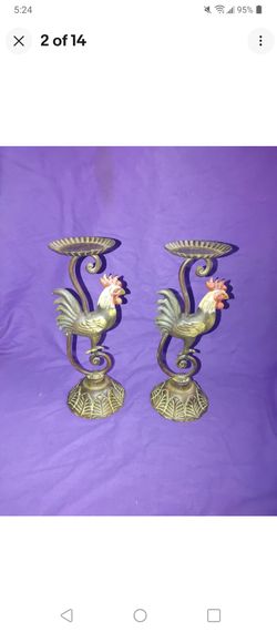 Vintage Pair Cast-Iron & Metal Rooster Pillar Candle Holder Farmhouse Decor 12"