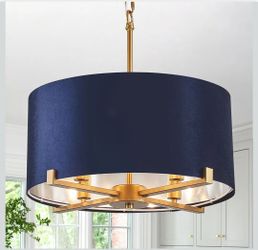 Drum Chandelier,18” Blue and Gold Round Ceiling Pendant Light Fixture Velvet Fabric Shade 4 Lights Modern Semi Flush Mount Hanging Chandelier for Dini
