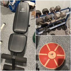 Fitness equipment for sale: - Weight bench & balance board: $70 - 40 lb dumb bell set: $60 - 25 lb dumb bell set: $35 - Weight rack: $85  Or $230 for 