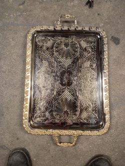 Large Silver-Tone Ornate Serving Tray with Handles