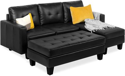 3 Seater L-shaped Faux Leather Sectional Sofa Set with Chaise Lounge, Ottoman Bench, Black