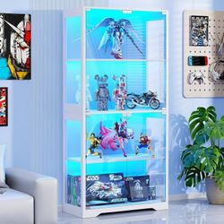Display Cabinet with Glass Doors 4 Tier Curio Cabinet & Bookshelf with LED, White