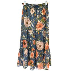 LC Lauren Conrad Womens XS Midi Skirt Smocked Waist Tiered Blue Floral Shimmer