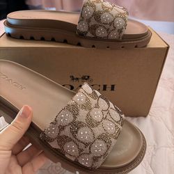 COACH Brynn crystal limited edition signature Jacquard slide sandals