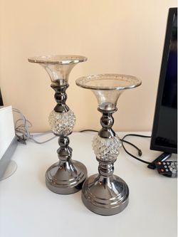 Pair of Metallic and Glass Pillar Candle Holders