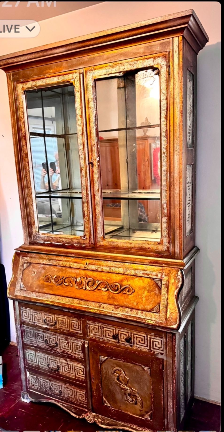 SECRETARY DESK WITH BOOK CABINET (Mirror Walls) 2 Pc GENUINE VINTAGE ANTIQUE