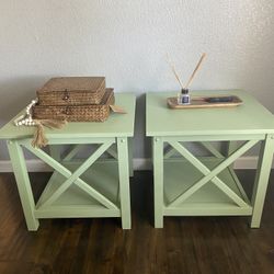 Pair of Farmhouse Style Nightstands / End Tables – Mint Green 