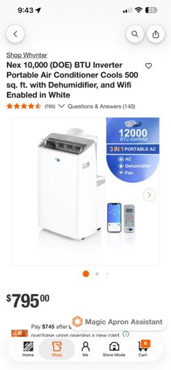 Nex 10,000 (DOE) BTU Inverter Portable Air Conditioner Cools 500 sq. ft. with Dehumidifier, and Wifi Enabled in White