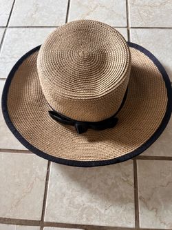 Eric Javits Women’s Beige/Black Straw Wide Brim Sun Hat w/ Bow, One Size