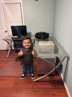 Glass L-Shaped Corner Desk with chair