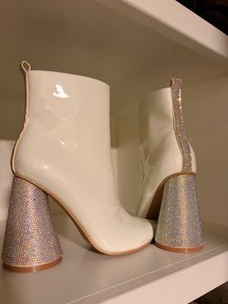 White Patent Rhinestone Block Heel Ankle Boots