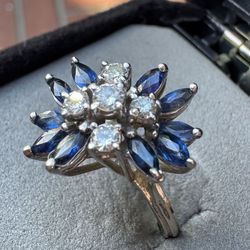 14k White Gold Diamond & Oval Blue Sapphire Cluster Ring.
