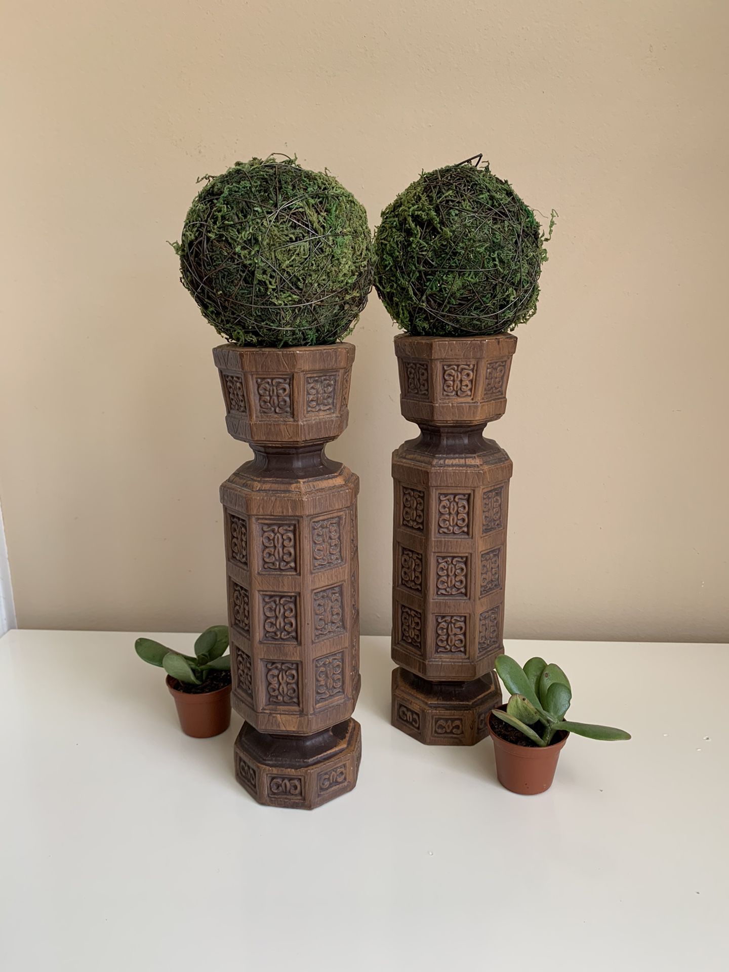 Mid Century Modern Ceramic Fake Wooden Pair of Candlestick Holder Plant Holder Boho Decor Bohemian C