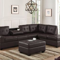 New Espresso Leather Reversible Sectional And Ottoman