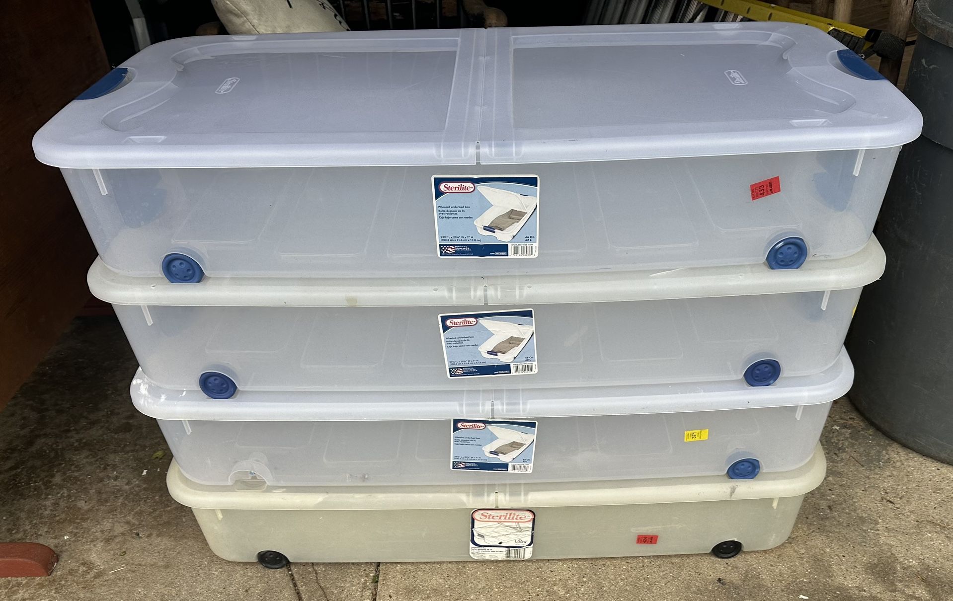 (4) Sterilite 62L 66Qt Stackable Rollaway Storage Containers Bins