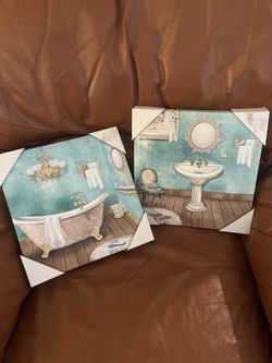 Two Canvas Paintings — Teal and Gold Bathroom