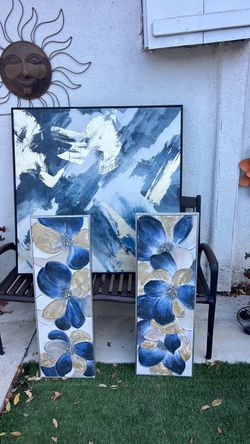 Set of 3 Blue and Gold Canvas Wall Art