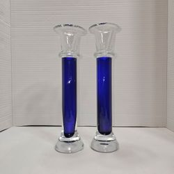 Crate & Barrel Candlestick Holders Handblown Cobalt Blue Clear Glass 10” Poland