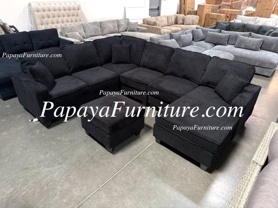 NEW LARGE U Shape Sectional Sofa Chenille Fabric Black Dark Grey Modern and Chaise Ottoman Set Big SALE Gray Discount Furniture Warehouse Clearance