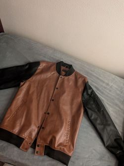 Men's Brown & Black Varsity Bomber Jacket – Size L