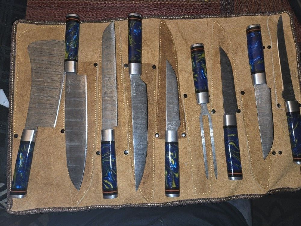 9pc Damascus Chef Knife Set With Knife Roll