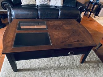 Cherrywood coffee table with storage, drawers and partial glass table top