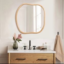 Natural pine wood frame square irregular wall mirror