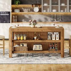 YT0047 63-Inch Solid Wood Bar Table Rectangular Counter Height Pub Table With Storage Shelves Wooden High Home Bar Furniture for Kitchen Pub Dining