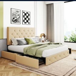Beige Queen Fabric Platform Bed Frame with 4 Storage Drawers & Adjustable Headboard, Adult
