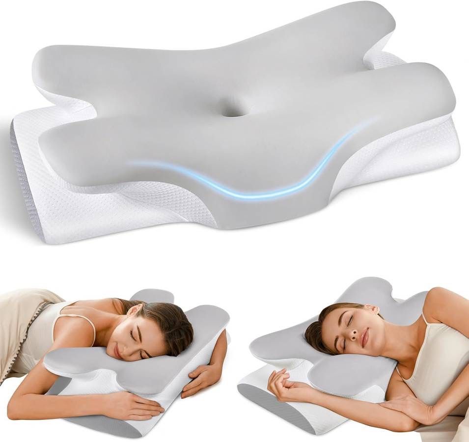 new Cervical Neck Pillow for Neck Shoulder Pain Relief, Soft Contour Side Sleeper Pillow of 2 Heights, Odorless Q-max Cooling Memory Foam Orthopedic B