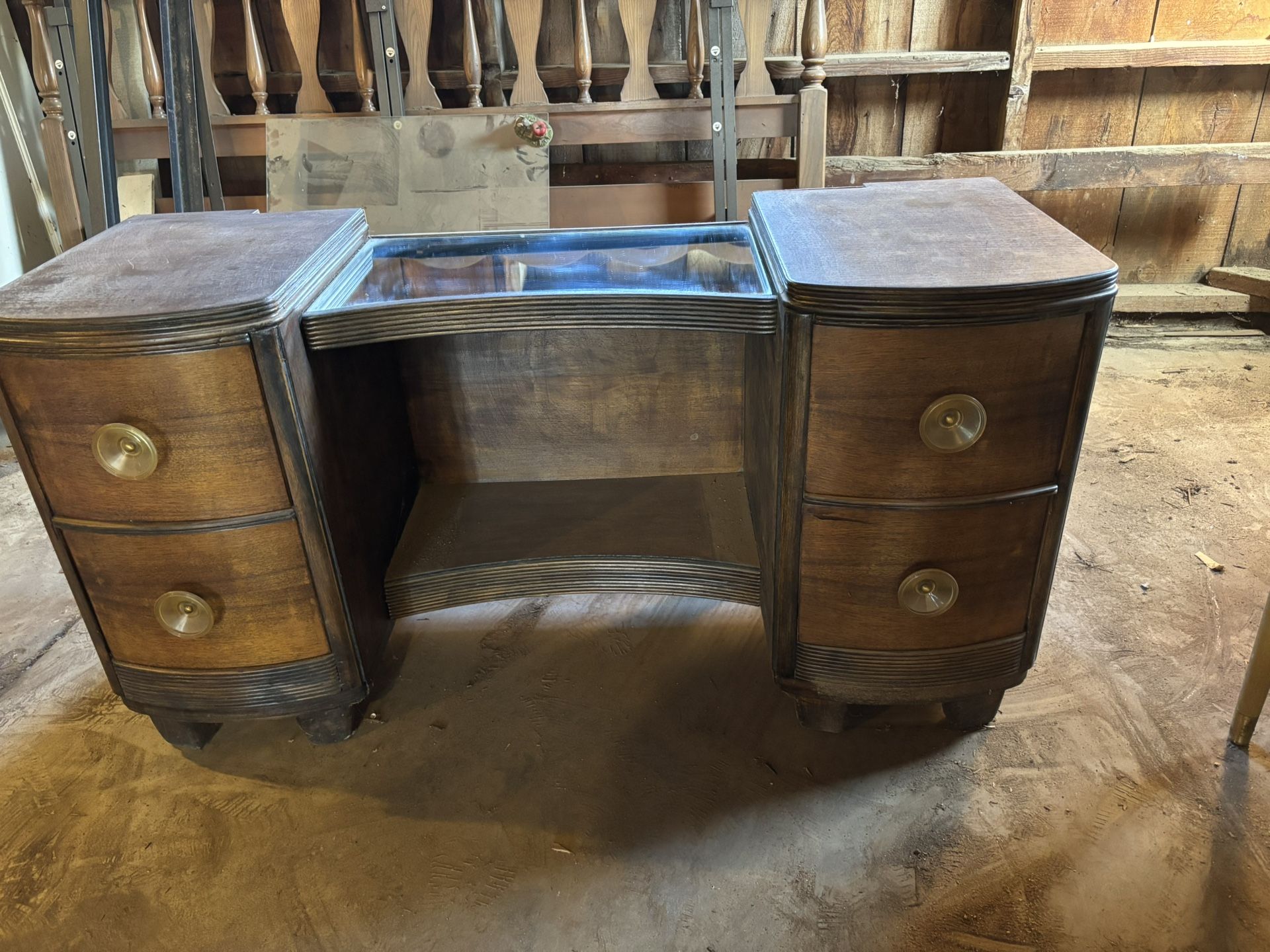 1920s Refinished Vanity With Mirror & Bench