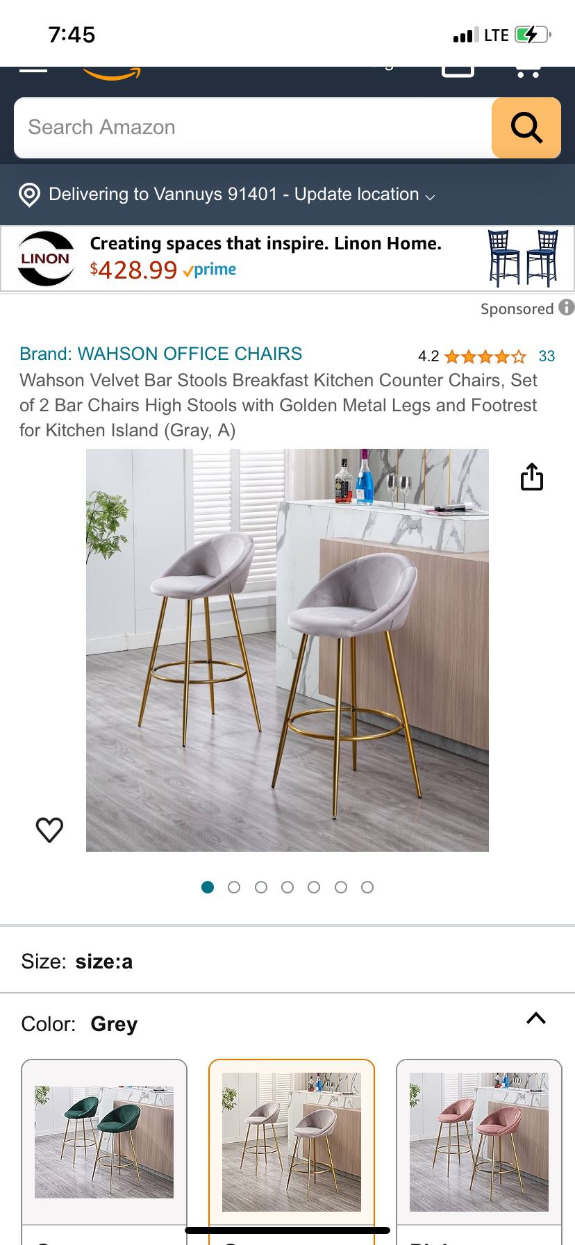 Velvet Bar Stools Chair 