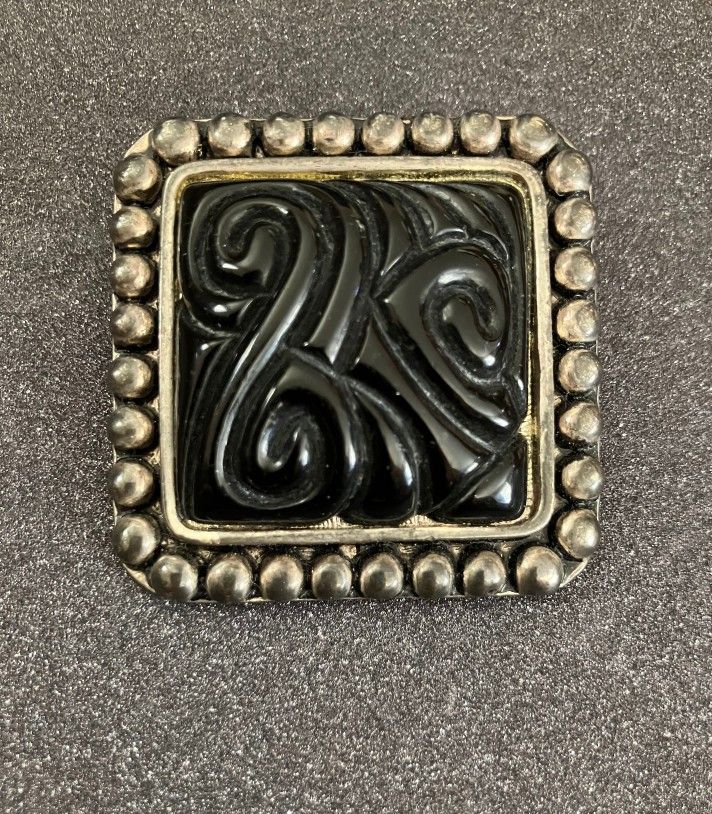 Square Silver Tone & Black Brooch