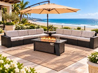 new patio set with fire pit and 11 ft umbrella