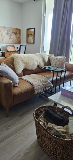 Macy's Mid-Century Light Brown Leather Sofa