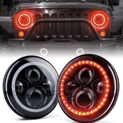 Xprite 7 Inch 90W LED Headlights With Red Halo Ring Angel Eyes Compatible with 1997-2018 Jeep Wrangler JK TJ LJ