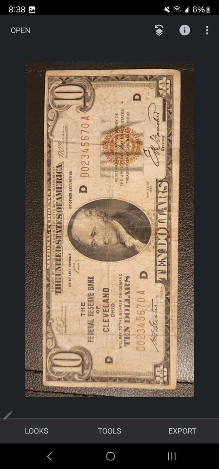 1929 Ten Dollar bill , LADDER serial Number 