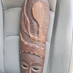 Vintage African Wooden Mask With Long Hairs .