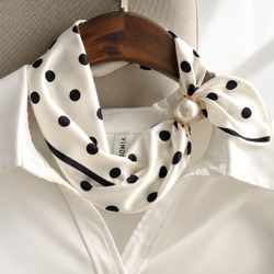 White Polka Dot Satin Scarf with Pearl Buckle – Elegant Neck Scarf