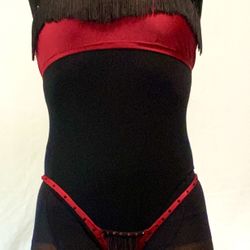 Red And Black Rhinestone Thong Bikini With Black Tassels