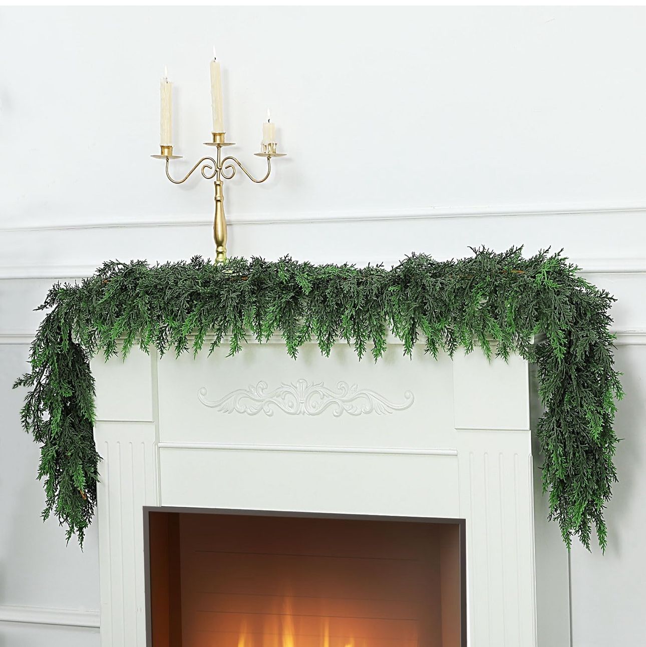 New-6Ft Realistic Artificial Cedar Pine Garland - Thick Lush Full Faux Greenery Garland for Fireplace Mantle, Indoor Outdoor Christmas Holiday Home Pa