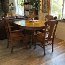Antique Dining Table And Four Leather Seated Chairs
