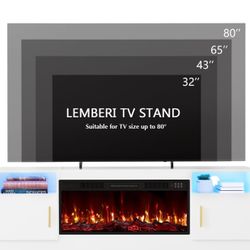 Lemberi Fireplace tv Stand with 36 inch Fireplace Up to 80" TVs,LED Light Entertainment Center and Storage, 70" Modern Wood Media TV Console with High