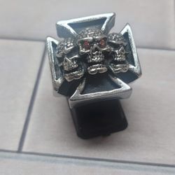 Triple Skull Iron Cross - Stainless Steel - Mens Ring